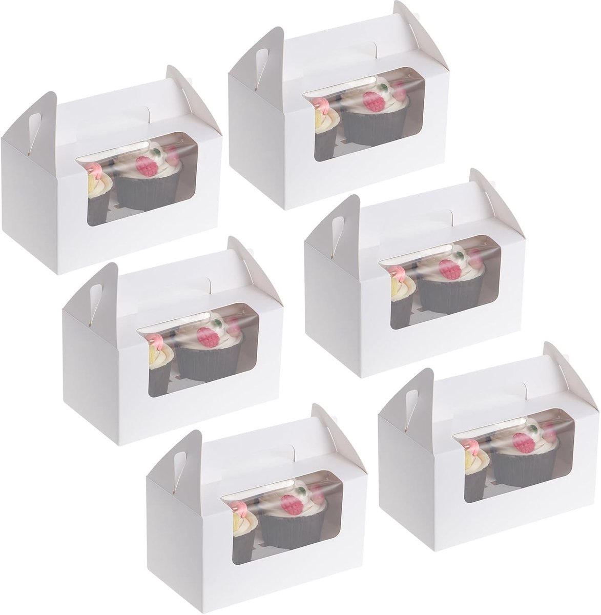 50 Stuks Cupcake Dozen met 2 Gaten - Kartonnen Verpakking voor Gebak, Muffins en Desserts met Handvat (Wit)