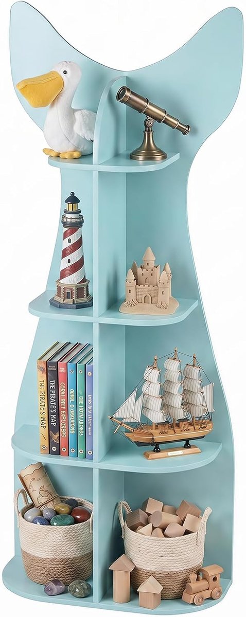 KOMFOTTEU Montessori-kinderboekenkast met 8 open vakken – Speelgoedkast in visvorm – Opbergsysteem voor kinderen vanaf 3 jaar – Voor slaapkamers en peuterspeelzalen – 48 x 20,5 x 120,5 cm