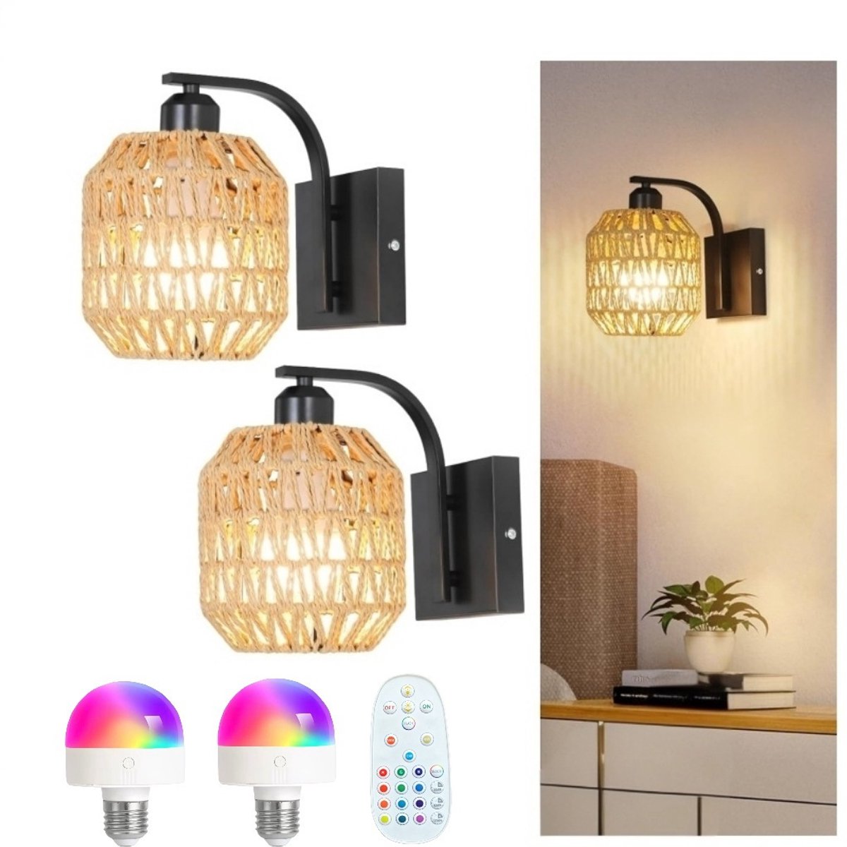 KZQ Wandlamp rotan - Draadloze batterij wandlamp met afstandsbediening en dimfunctie - Voor slaapkamer, woonkamer en hal - 2 stuks, zwart