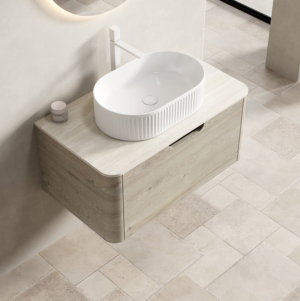 OKWISH Badkamermeubel - Hangend Wastafelmeubel Met Ovale Waskom - 80 x 46 x 50,2 cm - 1 Lade Soft-Close - Multiplex Beige