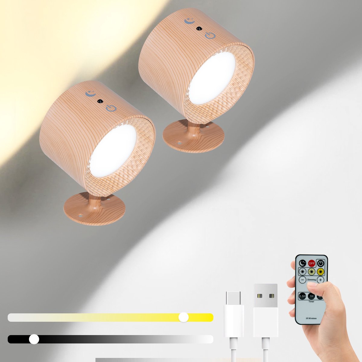 KZQ Magnetische Slimme Lamp (met bedieningsfunctie) – LED-wandlamp – Oplaadbare binnenlamp (USB) – 3 kleurtemperaturen – 360°-verlichting (afwerking met houtnerf)