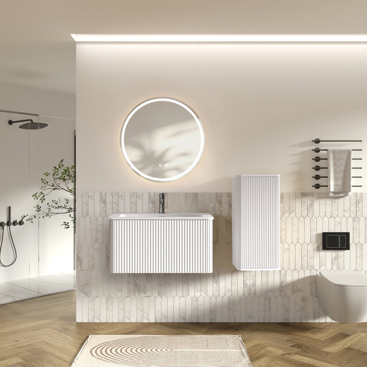 STILVORA Badkamermeubelset - Wandhangend Met Ledspiegel En Wastafel - Voor Kleine Badkamer En Gastentoilet - Hout En Glas - Wit - 80 Cm