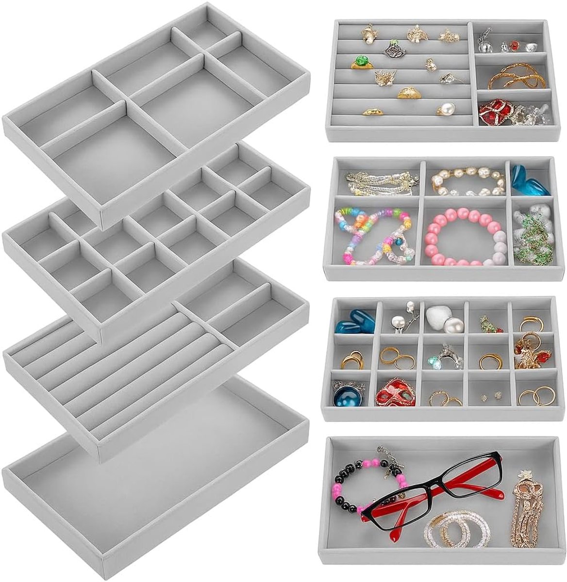4 Stuks Fluweelen Sieradenbakjes, Opberg- en Weergave Organizer. Stapelbaar voor Lade, Kledingkast of Kapsalon - ShopVlot