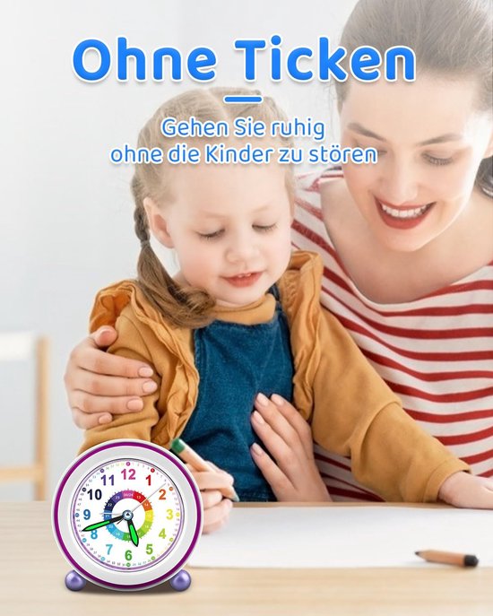 Kinderwekker Analoog - Kinderklok Stille - Leren Klokkijken - Met Nachtlampje - 8.5 x 8.5 cm - Paars — afbeelding 4