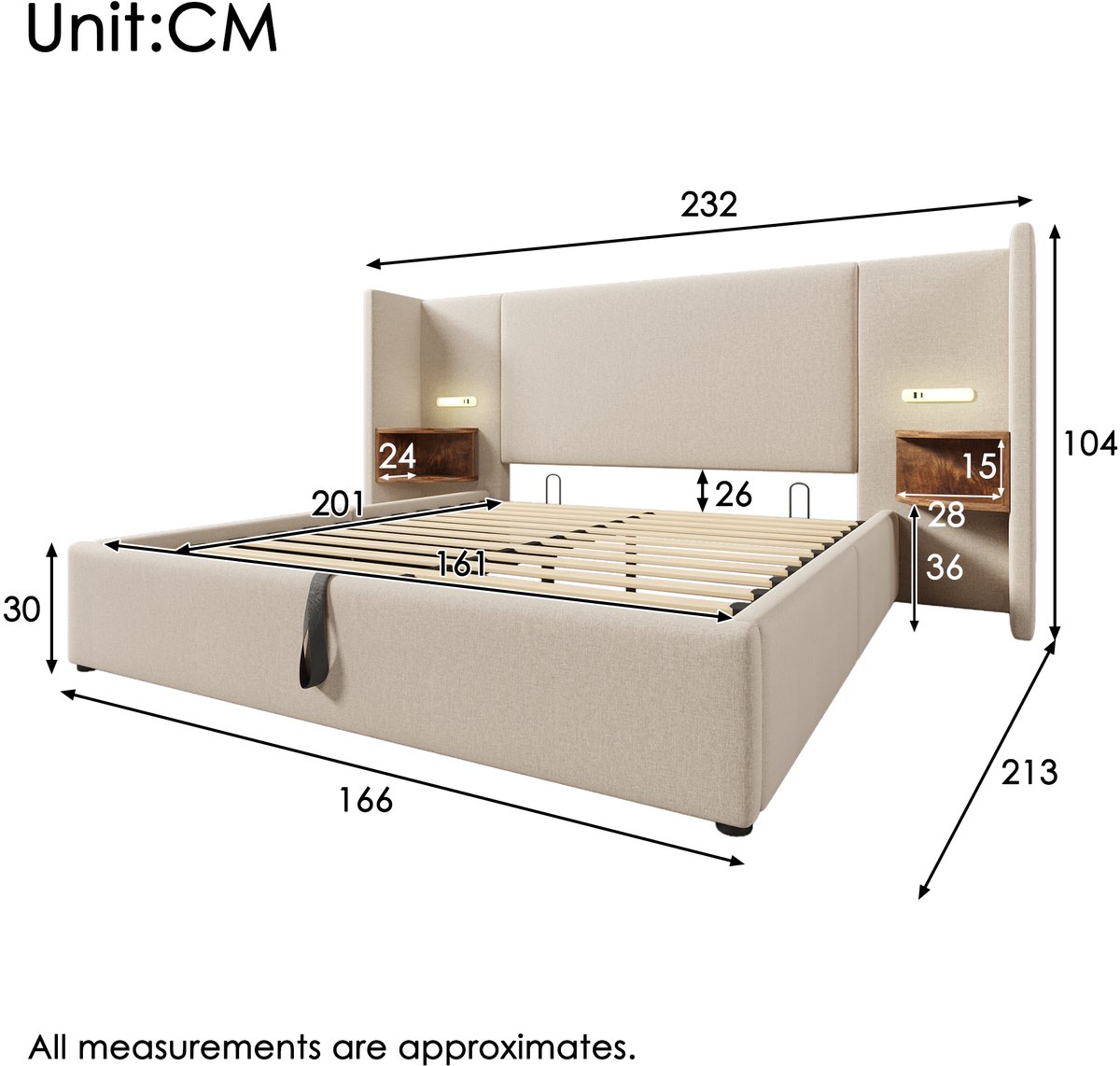 Gestoffeerd opbergbed - Ingebouwd nachtkastje, leeslamp en USB-C - 160x200 cm - 2 personen - Beige linnen - Hydraulische opbergruimte - Massief houten en metalen frame