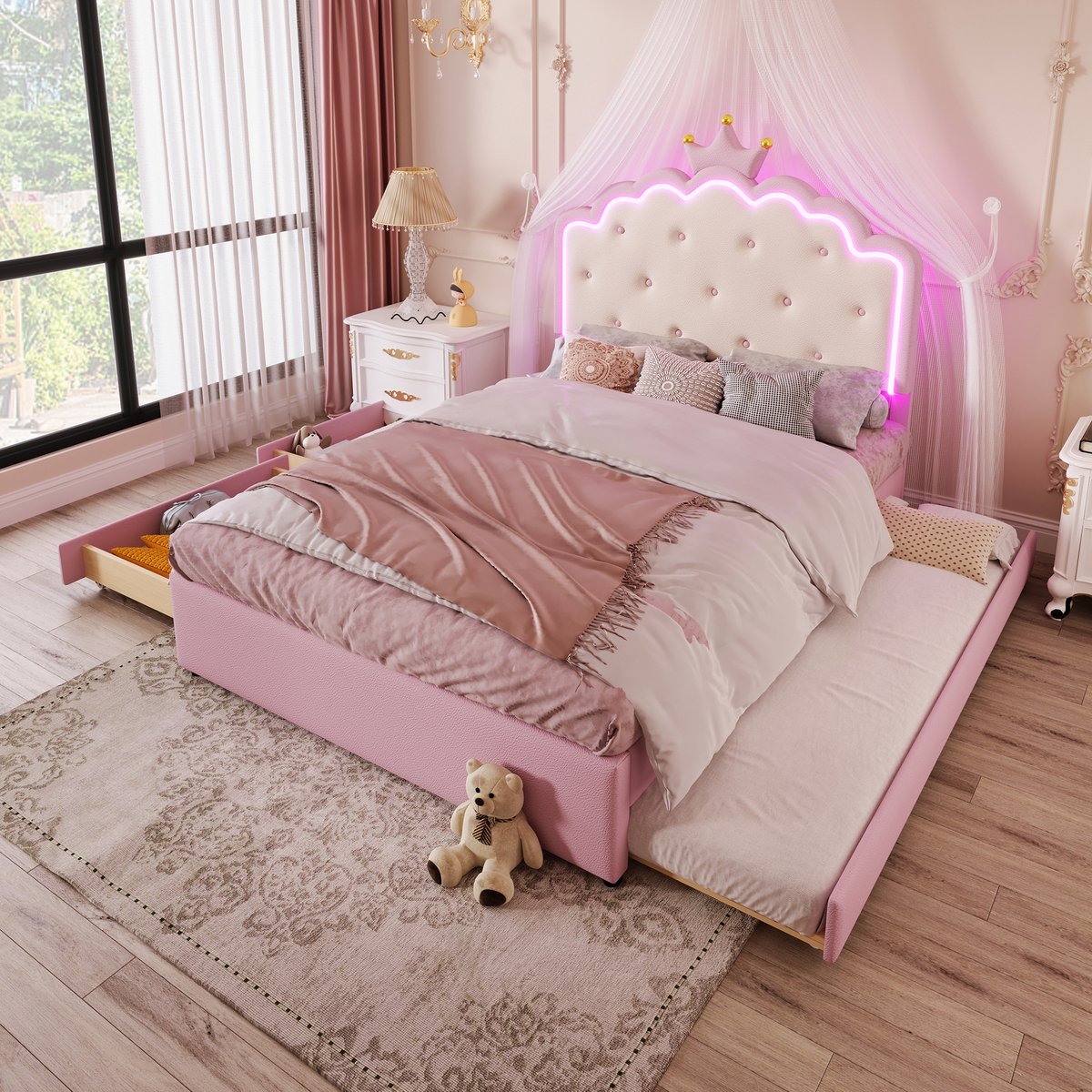 Prinsessenbed met kroon en uitschuifbed - 140x200 cm - Roze - LED-sfeerverlichting en 2 opberglades - Zachte PU-bekleding - Inclusief houten lattenbodem