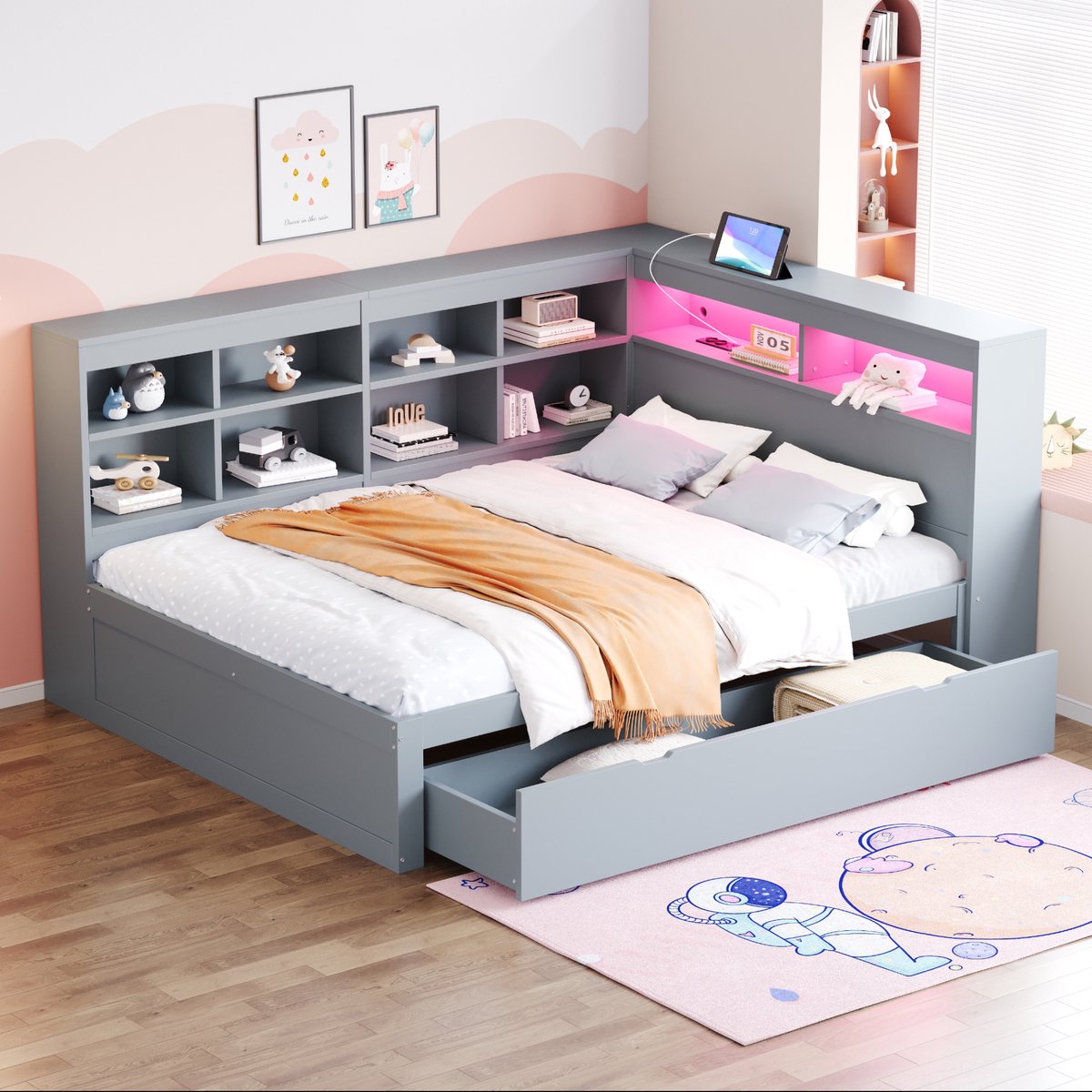 Massief houten slaapsofa 140x200 cm - 2-in-1 bank en bed met extra grote lades - 2 personen - Grijs - USB en LED-sfeerverlichting - Opbergplanken in hoofdeinde