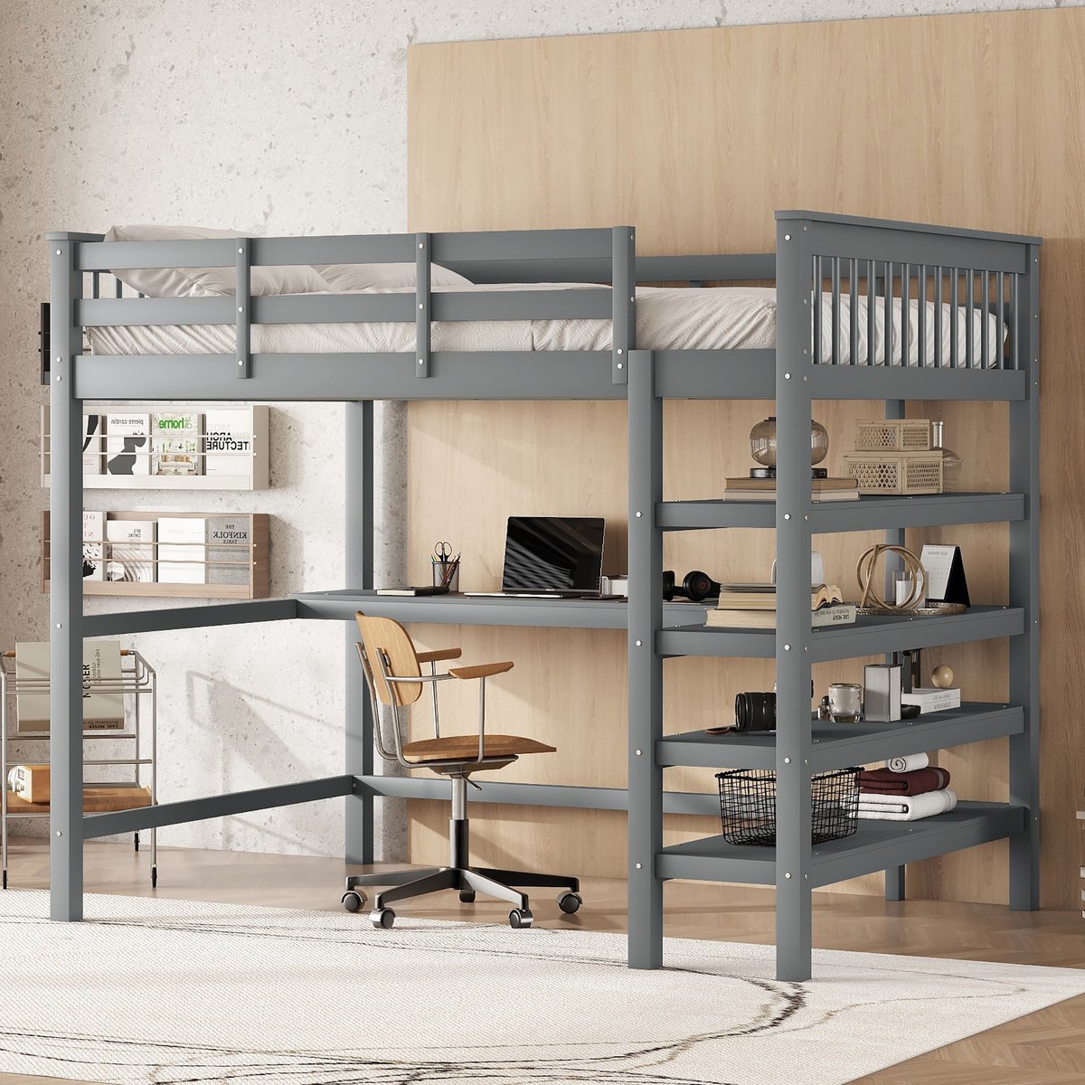 Kinderhoogslaper 140x200 cm - Met bureau en opbergladder - 1 persoon - Grijs - Geïntegreerd bureau en legplanken - Opbergladder voor veilige toegang - Inclusief lattenbodem