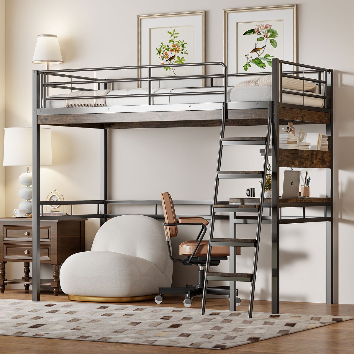Metalen hoogslaper 90x200 cm - Met bureau en opbergplanken - Zwart - Veiligheidsreling en ladder - EN747-gecertificeerd - Stabiel stalen frame