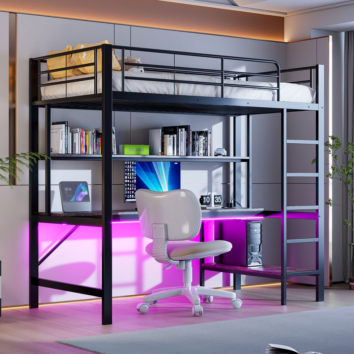 Metalen hoogslaper 90x200 cm - Met bureau, stopcontact en USB-poort - Zwart - App-gestuurde LED-verlichting - Meerdere legplanken en veilige trap met omheining