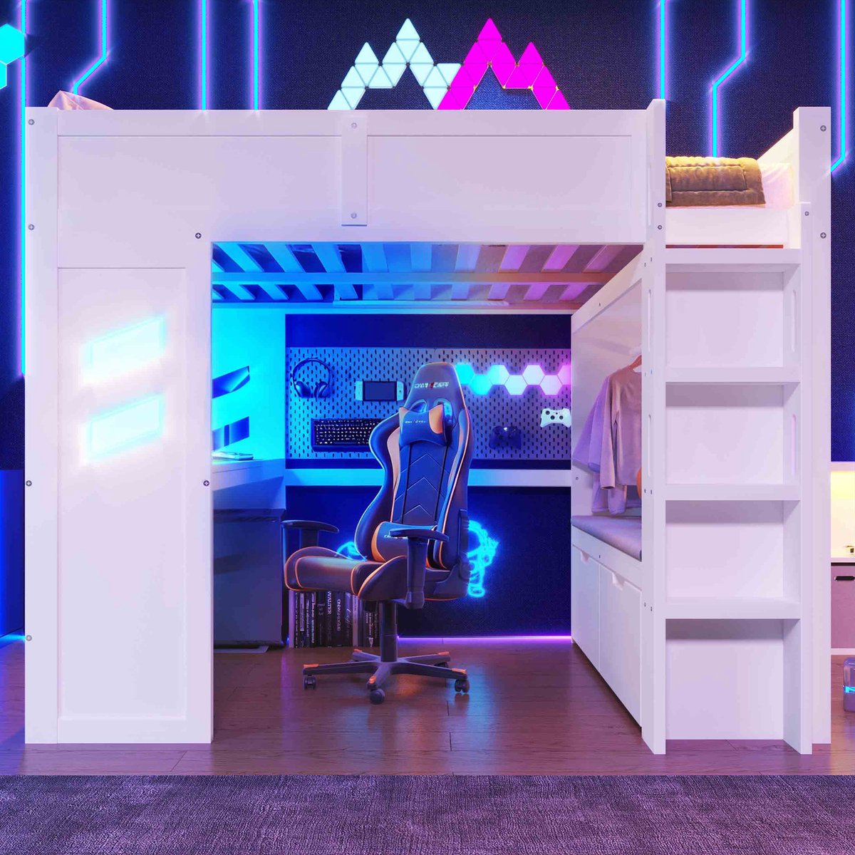 Hoogslaper 140x200 cm - met bureau, LED-verlichting en USB/Type-C - eenpersoons gaming en studiebed - wit - 2 lades en wasrek - app-gestuurde sfeerverlichting