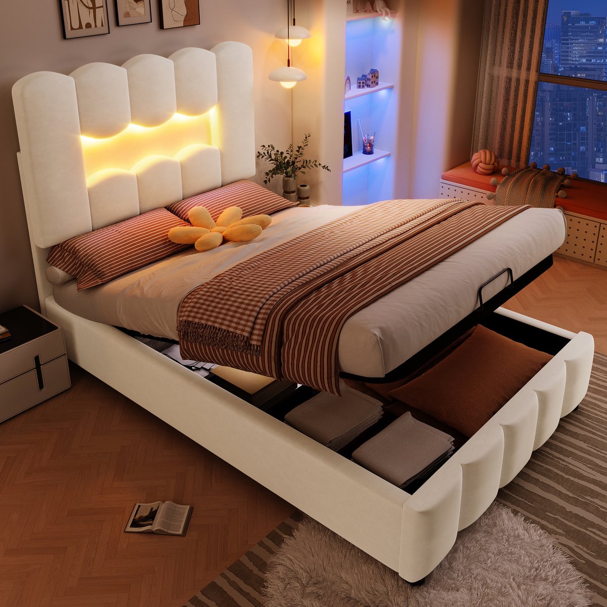 Gestoffeerd bed met hydraulische opbergruimte en LED-verlichting - 90x200 cm eenpersoons - Beige fluweel - Verstelbaar hoofdeinde - Huidvriendelijk en stevig MDF-frame - Inclusief lattenbodem