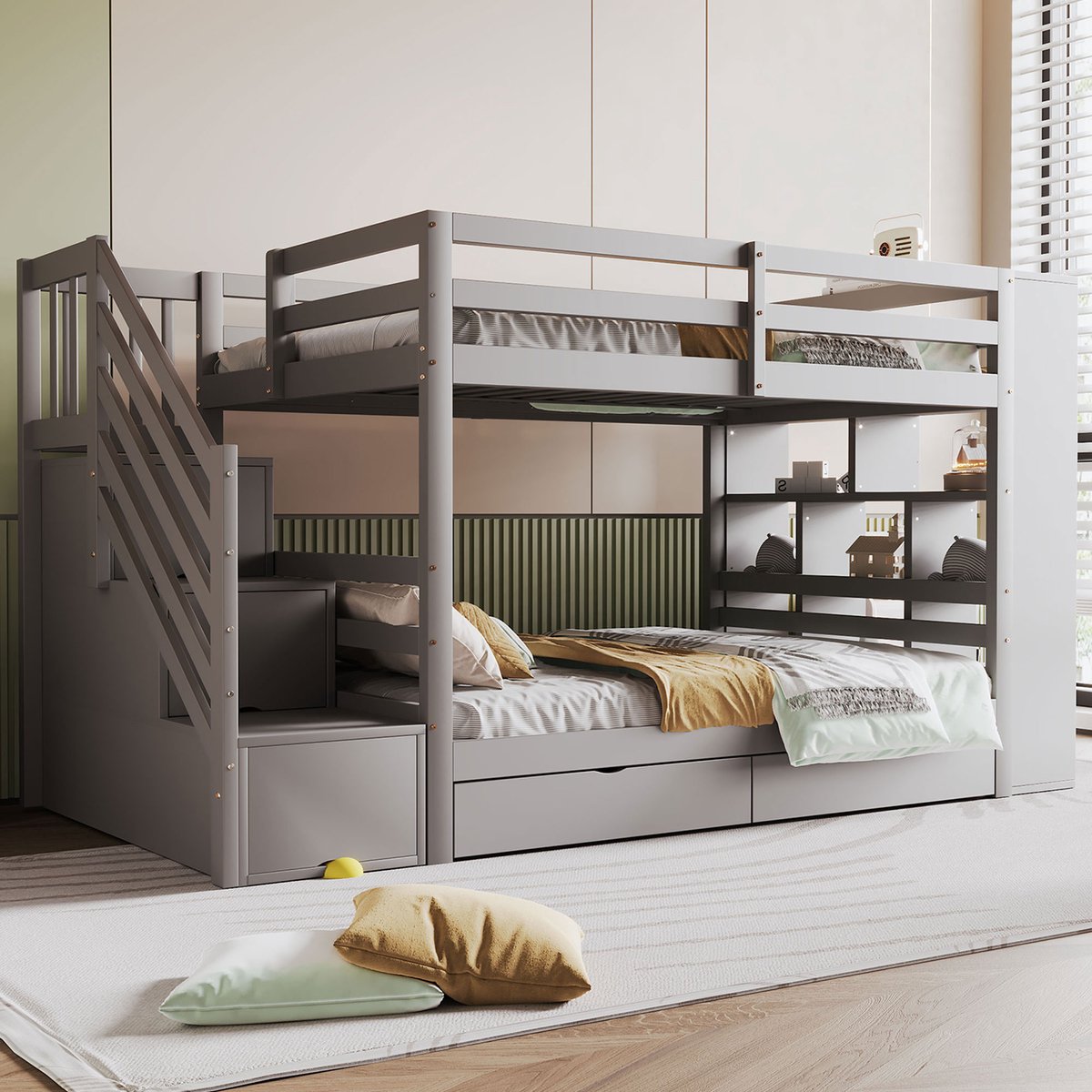 Stapelbed met opbergtrap en lades - veilig en ruimtebesparend voor kinder- en tienerkamer - 90x200 cm 2 eenpersoonsbedden - grijs - hoge valbeveiliging en opbergkasten - massief grenen frame