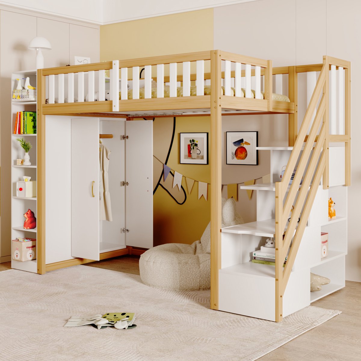 Hoogslaper met kledingkast en legplanken - complete kinderkameroplossing - 90x200 cm eenpersoons - wit+natuur - opbergtrap en veiligheidsrek - massief grenen frame - inclusief lattenbodem