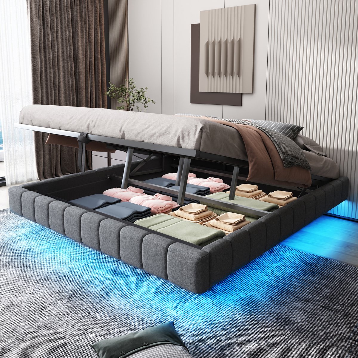 Gestoffeerd bed 180x200 cm - Zwevend frame met hydraulische opbergruimte en LED-verlichting - Grijs - Zonder hoofdeinde, vrij te combineren - Ademende linnen bekleding