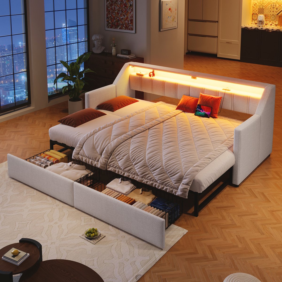 Dagbed met uitschuifbed tot 180x200 cm - multifunctioneel slaapbank met LED en USB-C - 90x200 cm eenpersoons - beige - 2 opberglades en stoffen zijvakken - meerkleurige sfeerverlichting - natuurlijke linnen bekleding