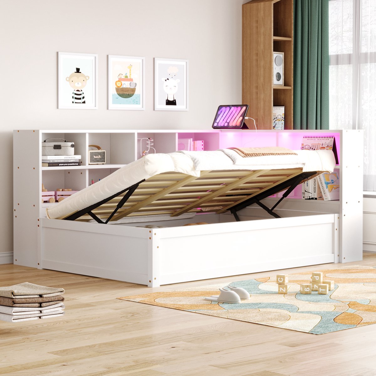 Houten hydraulische slaapbank met LED en multifunctioneel stopcontact - eenpersoons 90x200 cm - wit - app-gestuurde muziekverlichting en USB/Type-C - meerdere opbergvakken en massief grenen frame