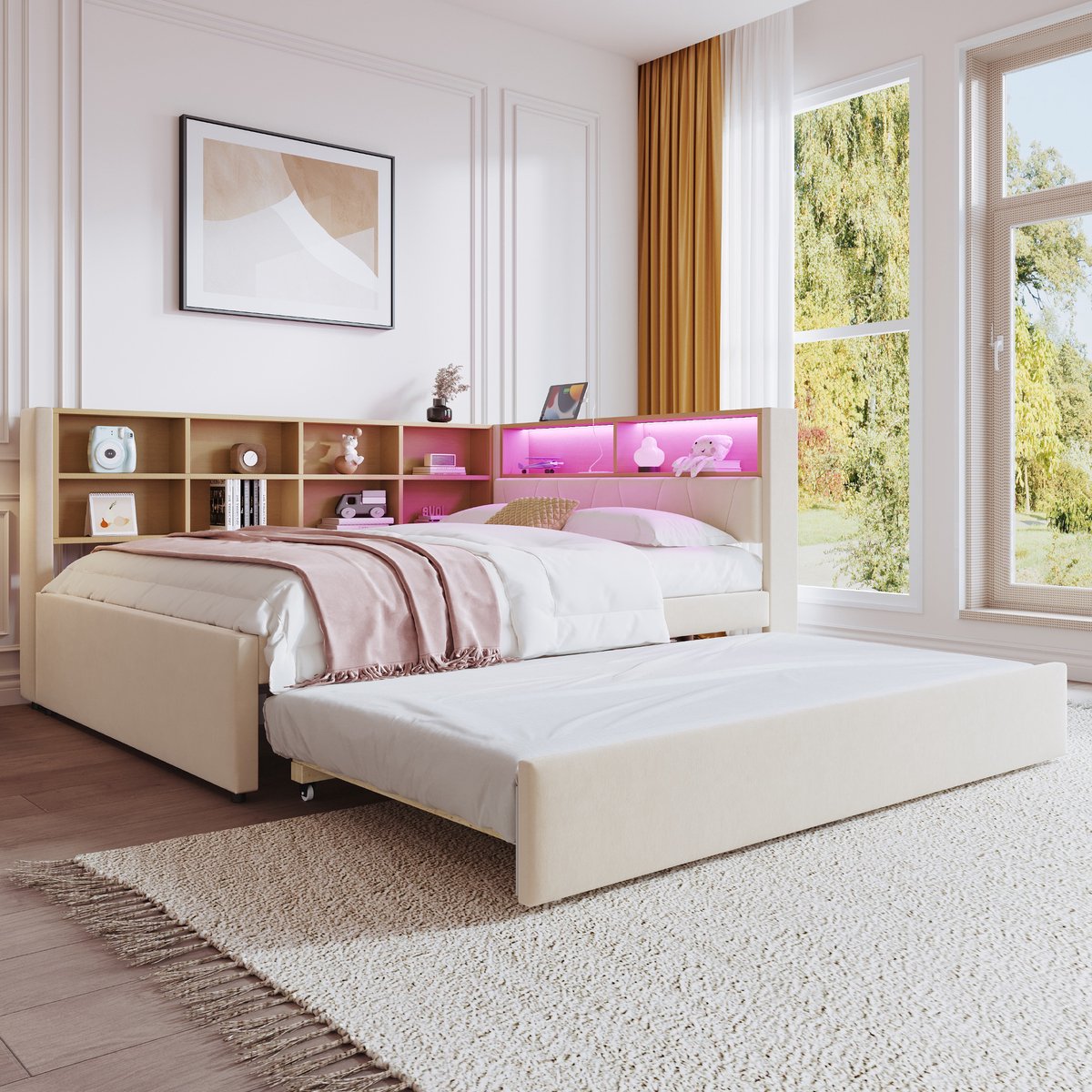Gestoffeerde slaapbank met uitschuifbed - 140x200 cm hoofdbed + 90x190 cm gastenbed - beige - LED-verlichting met USB/Type-C/stopcontact - flanel bekleding - meerdere opbergvakken - lattenbodem inbegrepen