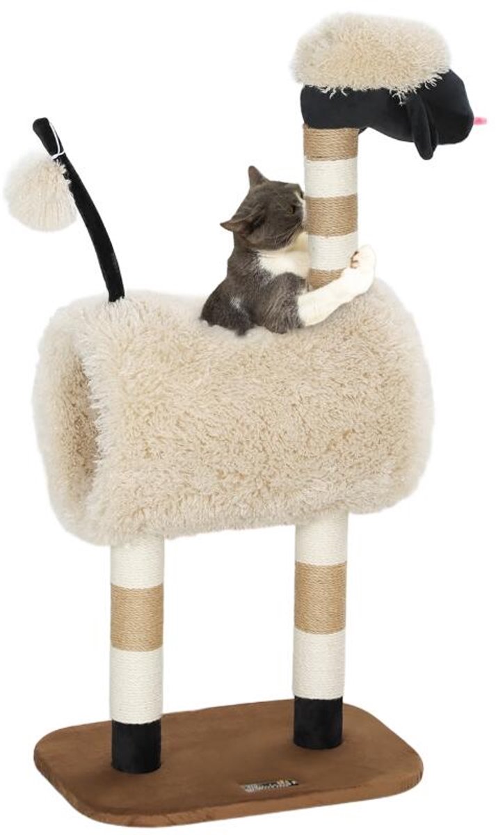 Kattenboom‑schaapdesign‑krabpaal‑tunnel‑speelgoed‑98cm‑lichtbruin