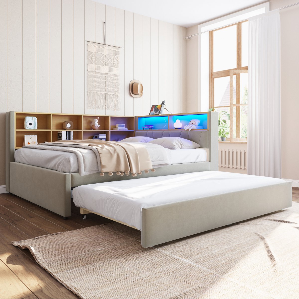 Multifunctionele slaapbank met uitschuifbed en LED - 140x200 cm - Lichtgrijs flanel - Inclusief uitschuifbed 90x190 cm - LED-sfeerverlichting en oplaadpoorten - Veel opbergvakken