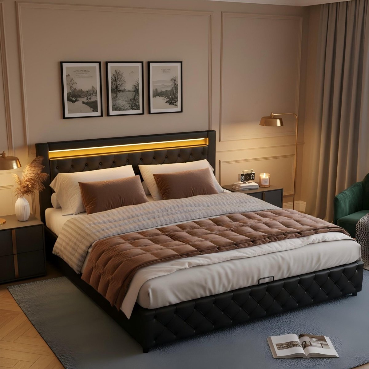 Gestoffeerd bed met hydraulische opbergruimte en LED - 140x190 cm tweepersoons - Zwart PU - Inclusief lattenbodem - LED met app en afstandsbediening - Max. 220 kg