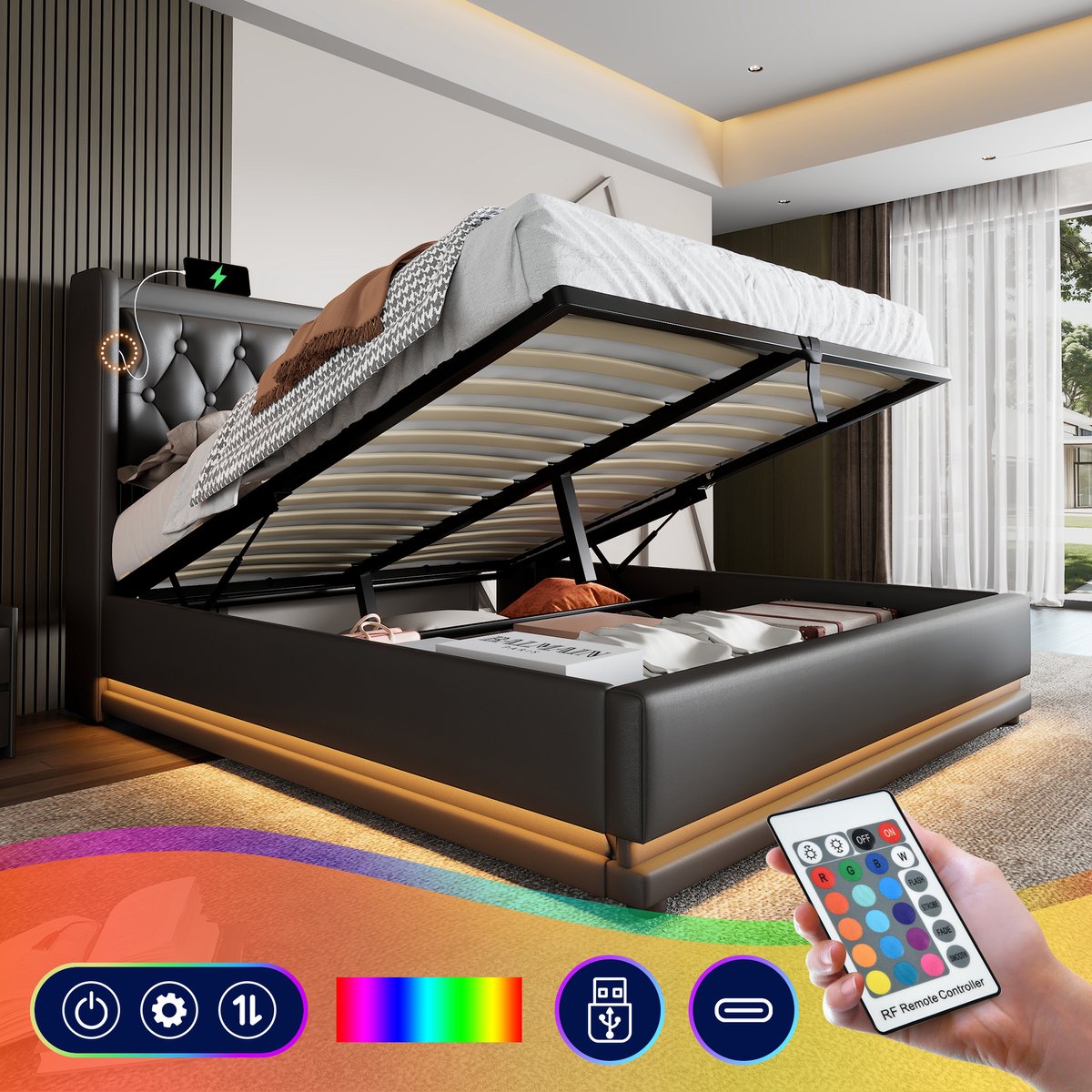 Gestoffeerd bed met hydraulische opberging, LED en USB-C - 140x200 cm tweepersoons - zwart PU - getuft hoofdeinde en vleugelzijden - 3-zijdige sfeerverlichting - stevig stalen frame tot 300 kg