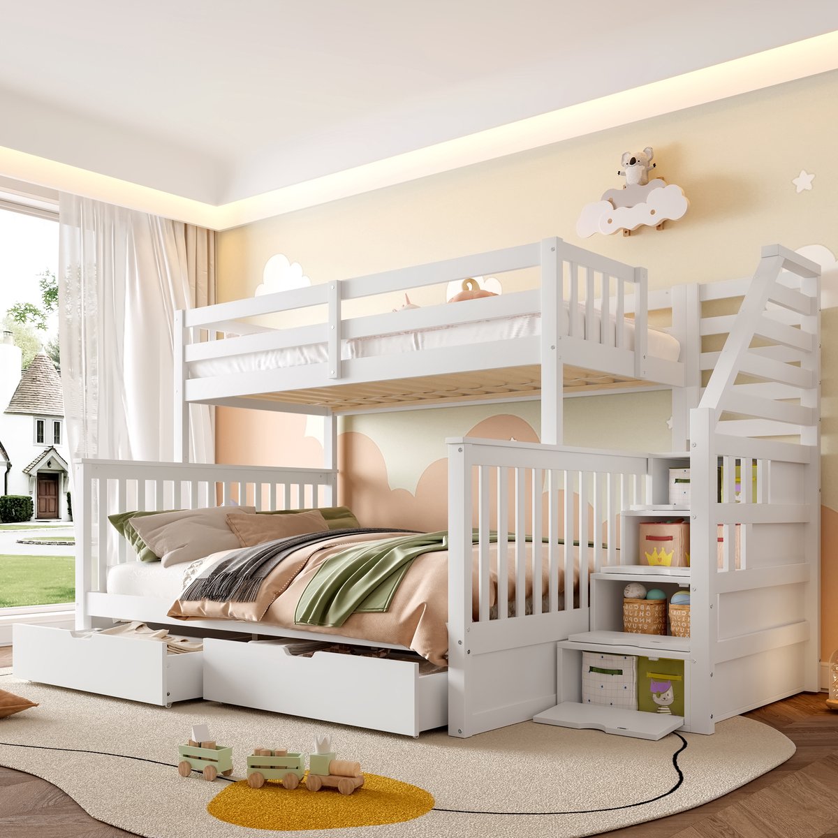 Stapelbed met opberglades en hoge valbeveiliging - ruimtebesparend voor de kinderkamer - 90x200 cm boven en 140x200 cm onder - wit - massief grenenhout frame - inclusief 2 lattenbodems - veilig en stijlvol