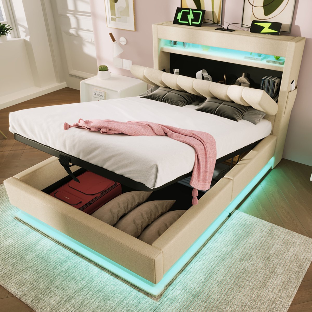 Gestoffeerd eenpersoonsbed 90x200 cm - Hydraulische opbergruimte met LED en USB-C - Beige linnen - App-gestuurde sfeerverlichting, 60.000+ kleuren - Opbergvakken in hoofdeinde
