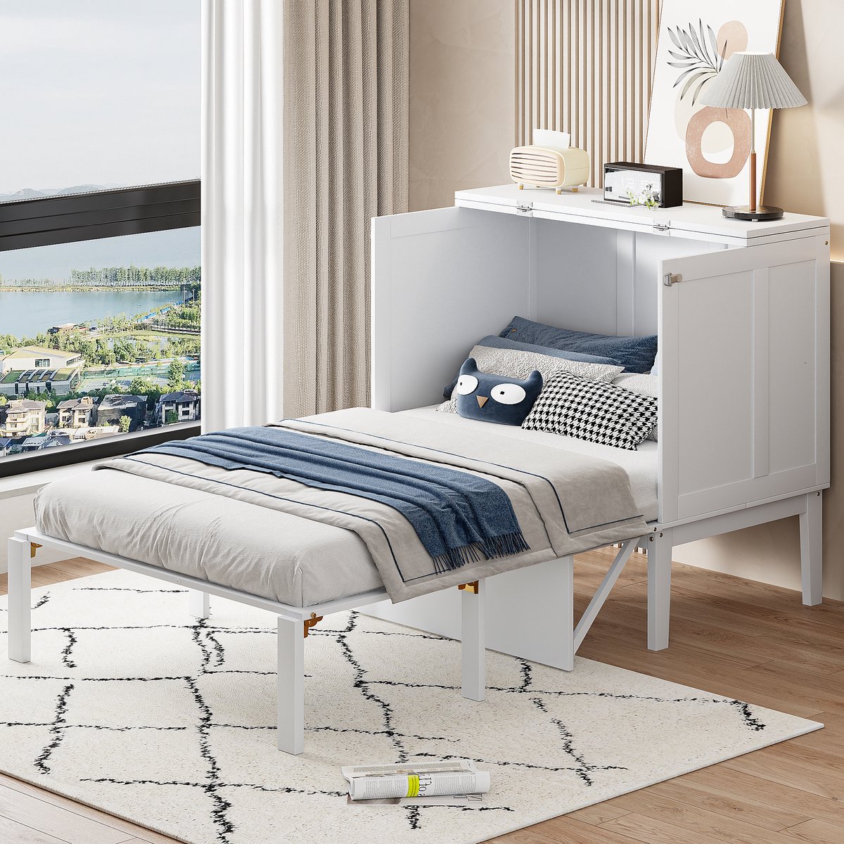 Verticaal opklapbed wandbed 90x200 cm - ruimtebesparend voor studio en kleine kamer - eenpersoons - wit - opvouwbaar tot slechts 70 cm breed - met bureaublad en opbergvakken - inclusief lattenbodem