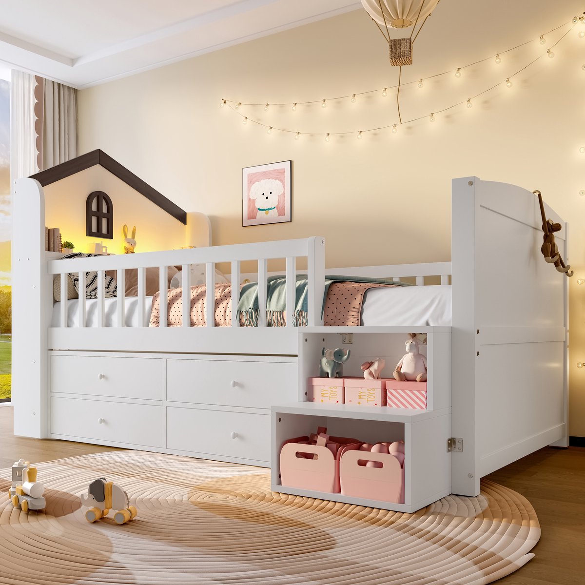 Halfhoogbed - speels huisdesign met opbergruimte en LED - 90x200 cm - Wit - 4 laden en legplanken in trap - App-gestuurde sfeerverlichting met timer