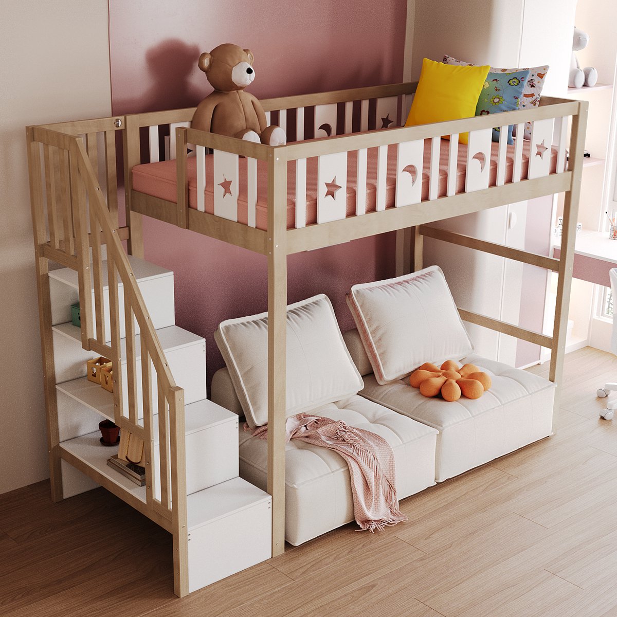 Massief houten kinderhoogslaper - met opbergtrap en speelruimte - 90x200 cm - Naturel hout - Veiligheidsrek met ster- en maanmotief - Geïntegreerde opbergplanken in trap