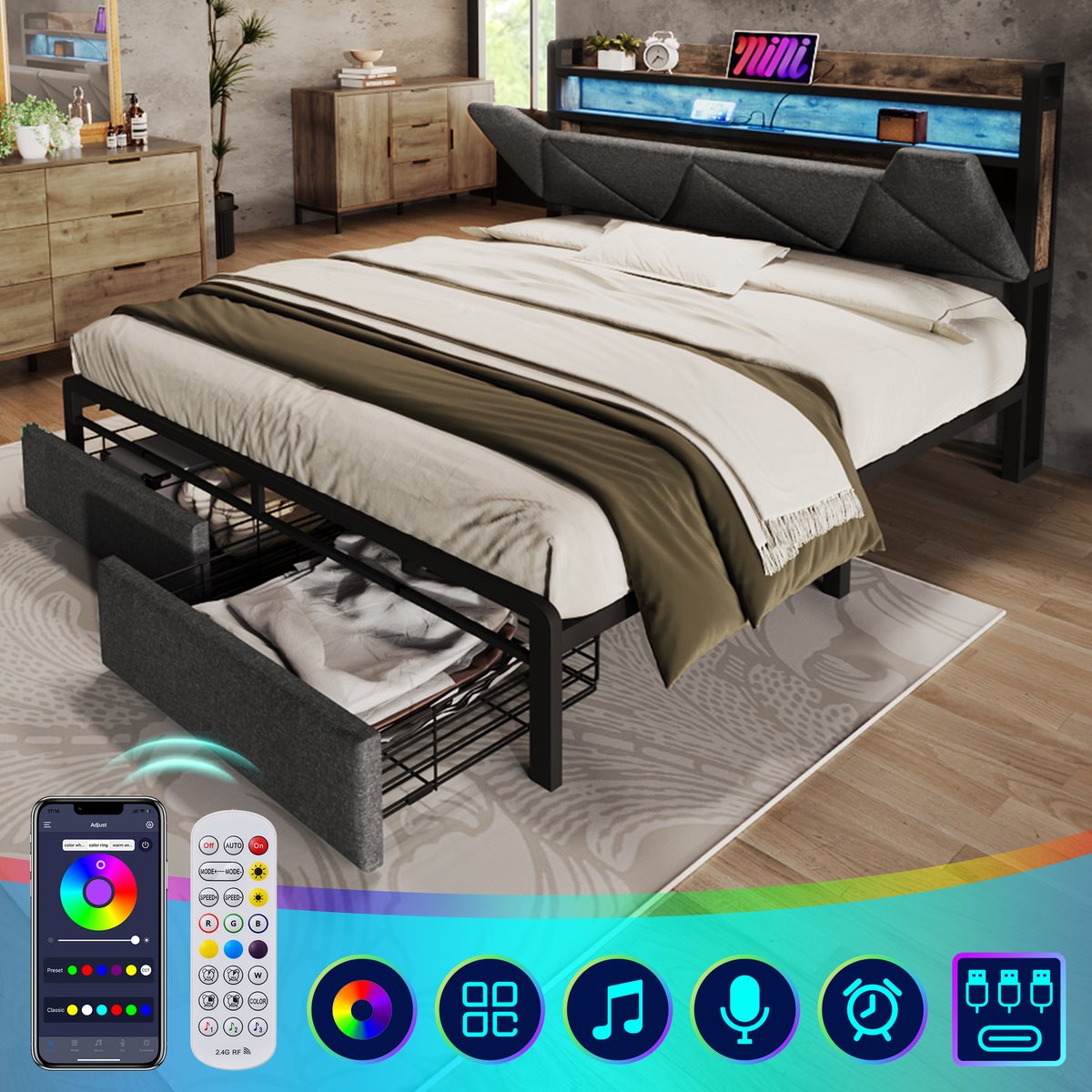 Gestoffeerd opbergbed - Met hoofdeinde opbergvak, sfeer-LED en schuifladen - 160x200 cm tweepersoonsbed - Grijs - USB-C en USB-A opladers - Stabiel metalen frame, incl. lattenbodem