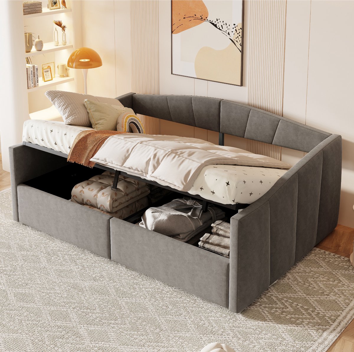 Gestoffeerde slaapbank 140x200 cm - 2-in-1 bank en bed met hydraulische opbergruimte - tweepersoons - grijs fluweel - klassiek streepdesign - comfortabele armleuningen