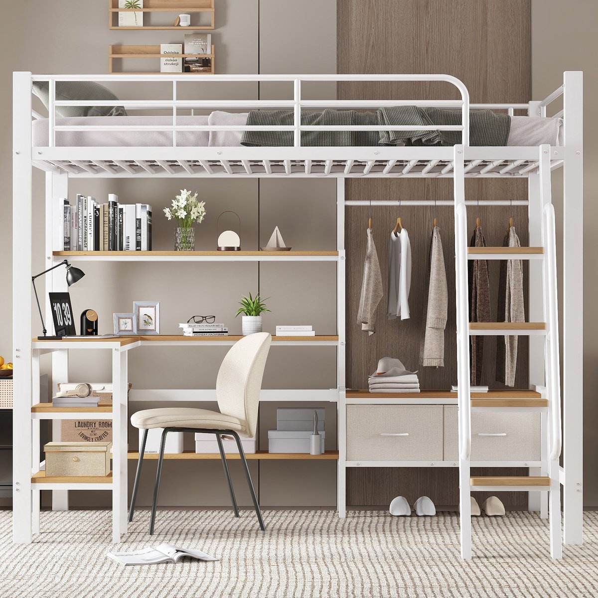 IJzeren kinderhoogbed 90x200 cm eenpersoons met bureau en opbergrek - wit+naturel - incl. 2 stoffen opbergboxen - 4-traps schuine ladder - metalen lattenbodem - FSC-gecertificeerd