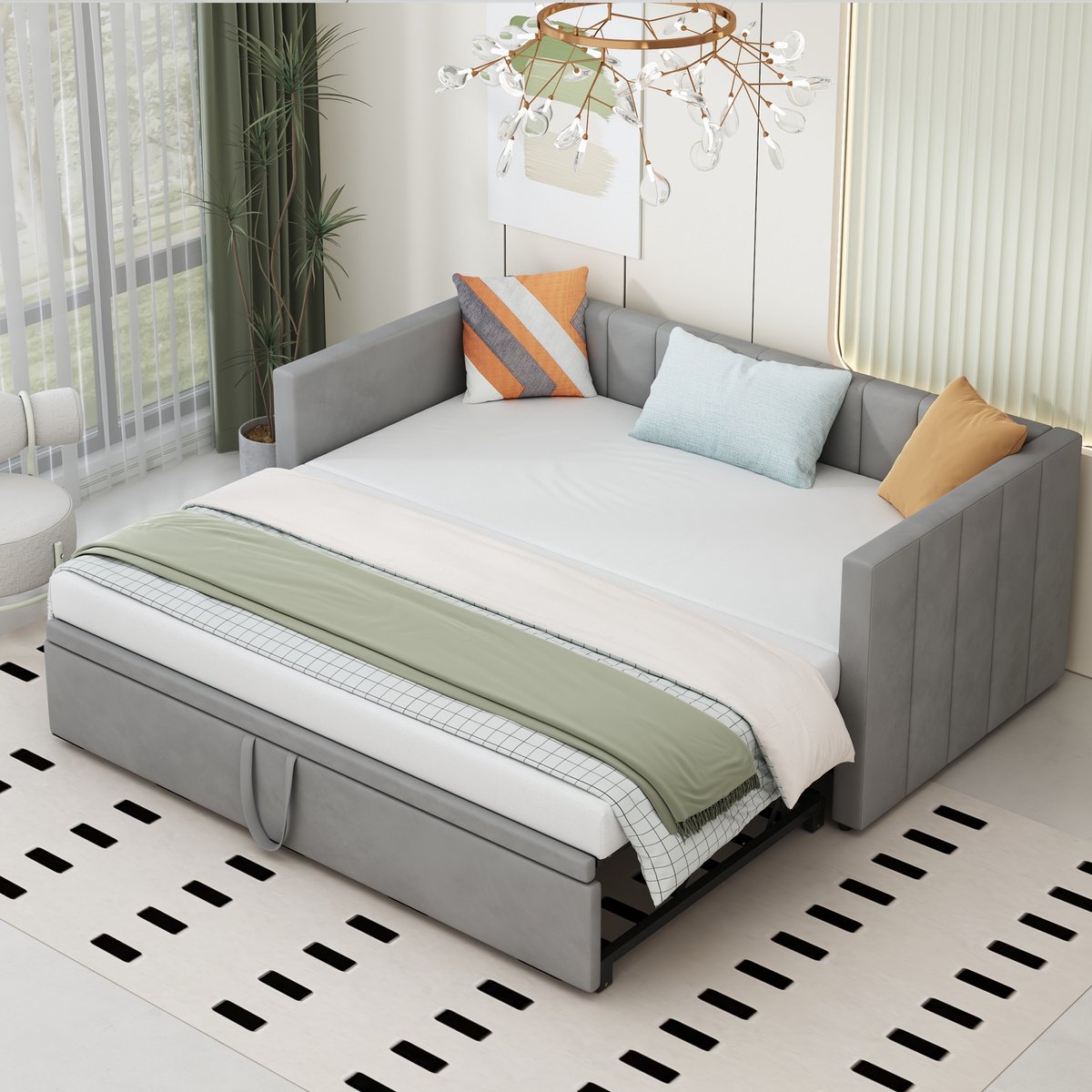 Uitschuifbare slaapbank 90/180x200 cm - van een- naar tweepersoons - grijs fluweel - lattenbodems inbegrepen - 2-in-1 ruimtebesparend design - comfortabele arm- en rugleuning