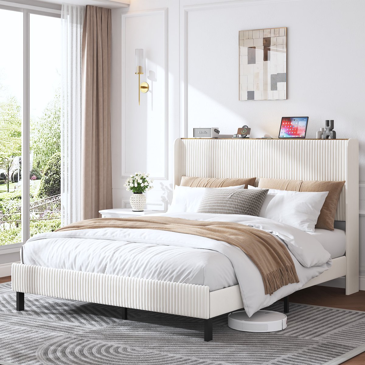 Gestoffeerd bedframe 160x200 cm - platformbed met vleugeldesign en cord hoofdeinde - geruisloos - metalen latten - geen boxspring nodig - tot 363 kg draagvermogen