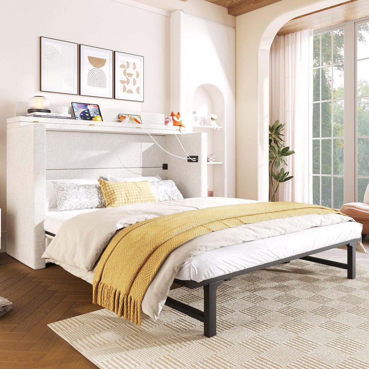 Opklapbaar kastbed - ruimtebesparend 2-in-1 design - 140x200 cm - Beige linnen - USB/Type-C oplaadpoorten en opberglade - Transformeerbare nachtkastplank