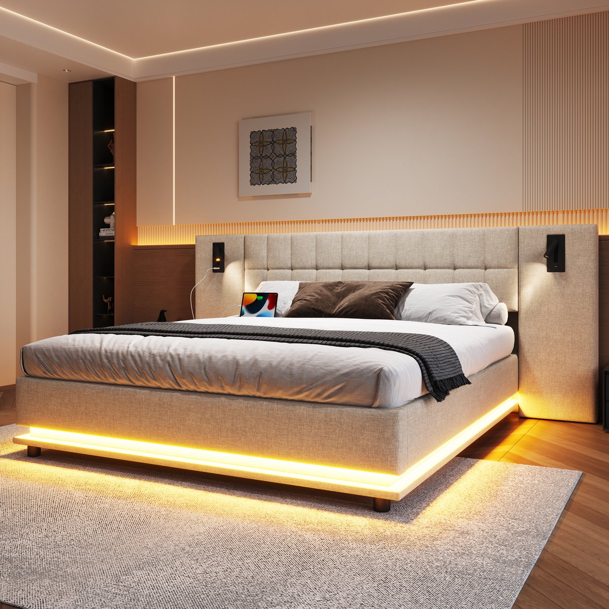 Gestoffeerd bed 180x200 met LED, spotlight en USB - tweepersoons - beige linnen - hoofdeinde met leeslampjes en oplaadpunt - kleurrijke sfeerverlichting - stevig MDF frame - inclusief lattenbodem