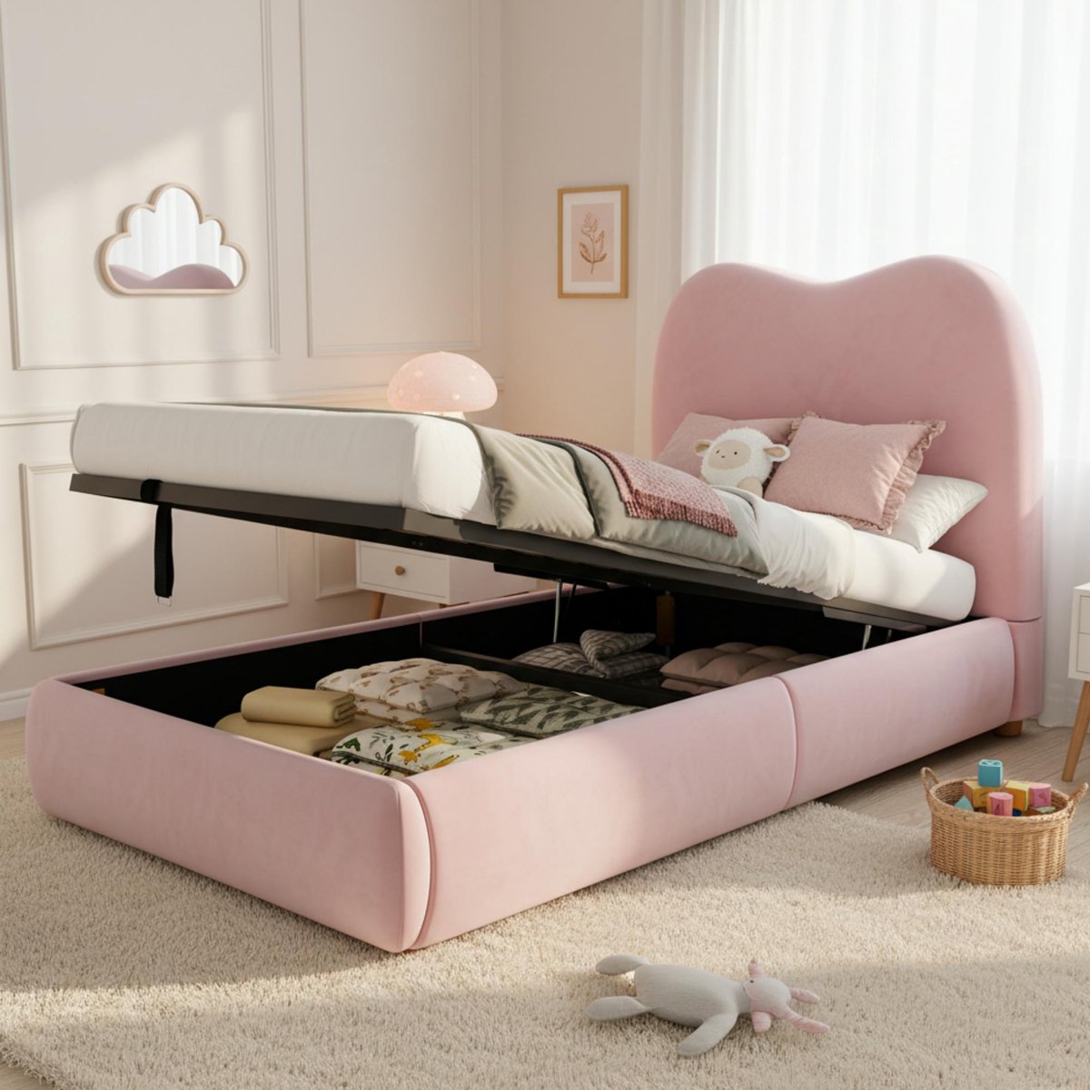 Hydraulisch opbergbed voor kinderen - 90x200 cm eenpersoons - Roze fluweel - 11 cm dik hoofdbord - Inclusief lattenbodem - Verzonken matrasconstructie - Afgeronde hoeken voor veiligheid
