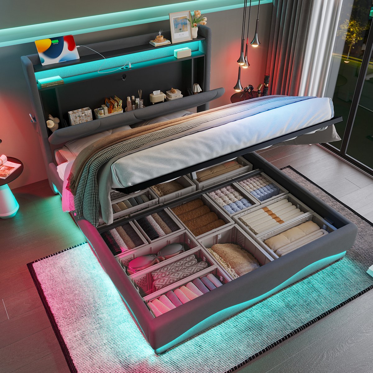 Gestoffeerd opbergbed met LED en USB-C - tweepersoons 160x200 cm - grijs - klapbaar hoofdeinde met opbergvak - golvende LED-zijverlichting - tot 300 kg