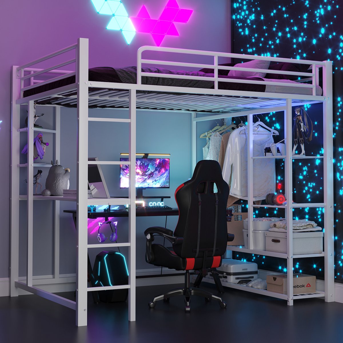 Metalen hoogslaper - Ruimtebesparend met bureau, hangruimte en legplanken - 140x200 cm voor 1-2 personen - Wit - Stabiel stalen frame tot 120 kg - Inclusief ladder