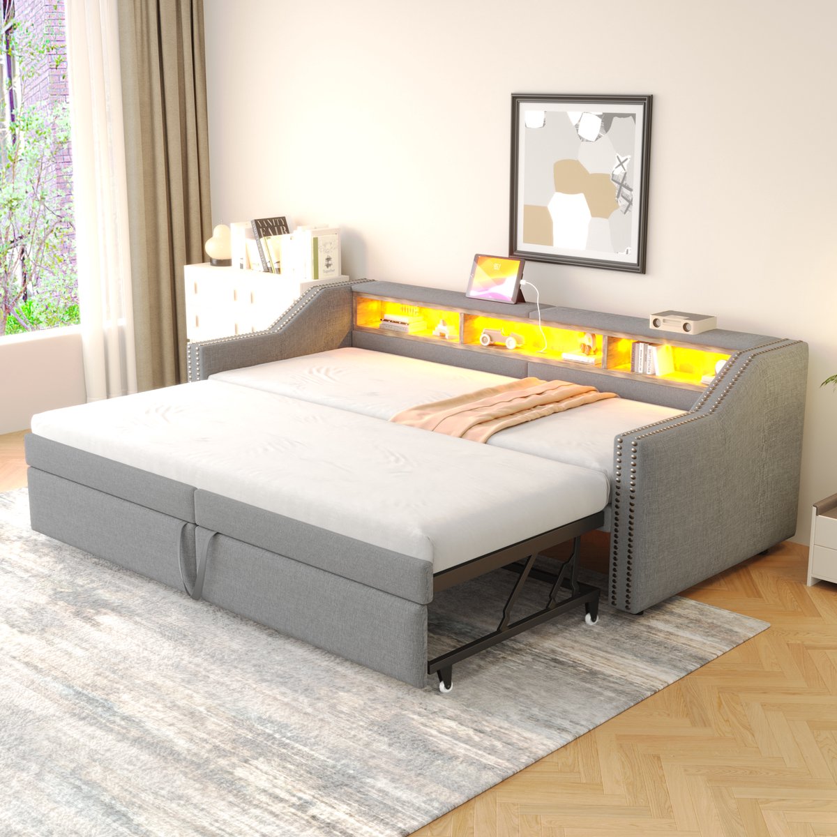 Uitschuifbare slaapbank - van 90x200 naar 180x200 cm - Lichtgrijs linnen - Drie multifunctionele opbergvakken met LED en USB - Inclusief 24-delige lattenbodem - Gestoffeerde armleuningen met nietdetail