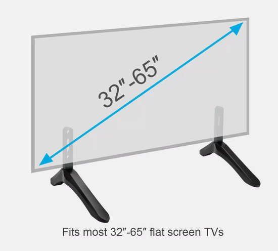 Schematische weergave van zwarte TV-standaardpoten die passen op 32-65 inch TV's.