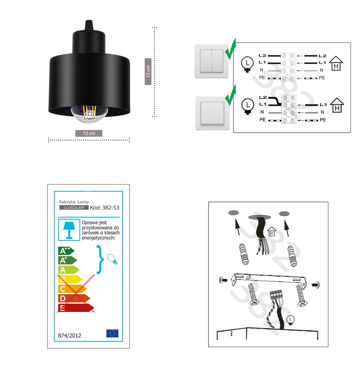 Hanglamp Edison Loft Stijl Zwart Mat 5-lichts E27