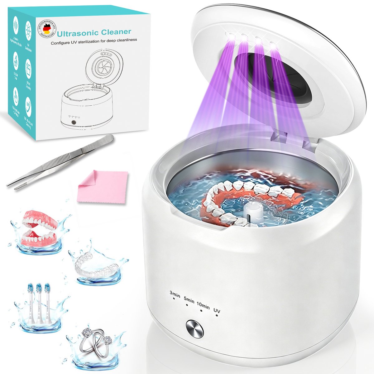FOSMET Ultrasoon Reiniger 200ml - Ultrasoon Reinigingsapparaat 45000Hz - Brillenreiniger & Sieraden Reiniger - 4 Modi - UV 254nm Reiniging - Stil onder 35dB - 290g Compact - Voor Thuis en Kantoor - Wit