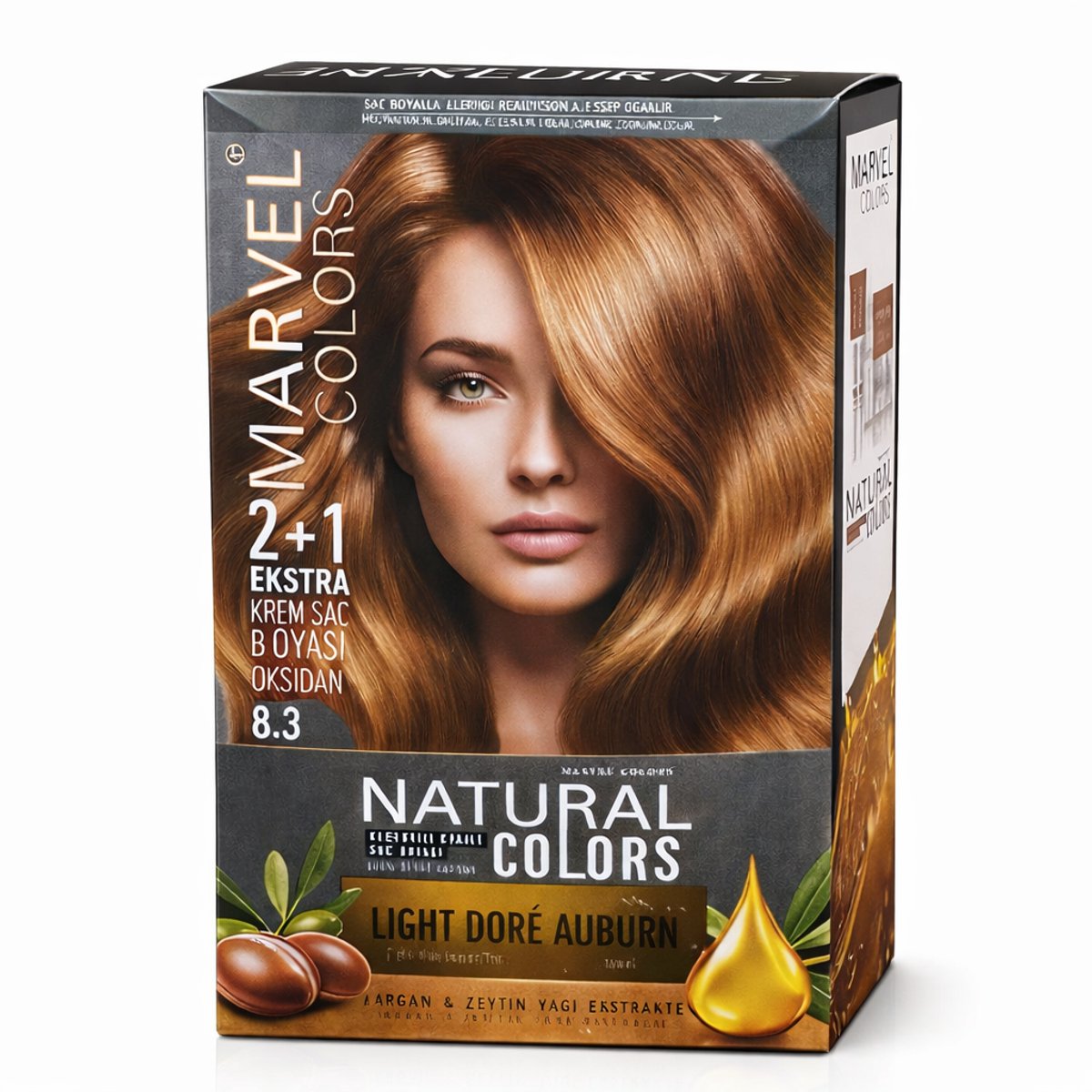 Marvel Natural Colors 8.3 Light Dore Auburn (Licht Dore Kastanjebruin) Permanente Creme Haarverf 2+1 Set – Met Argan- en Olijfolie-extract – Intense Glans en 100% Grijsdekking