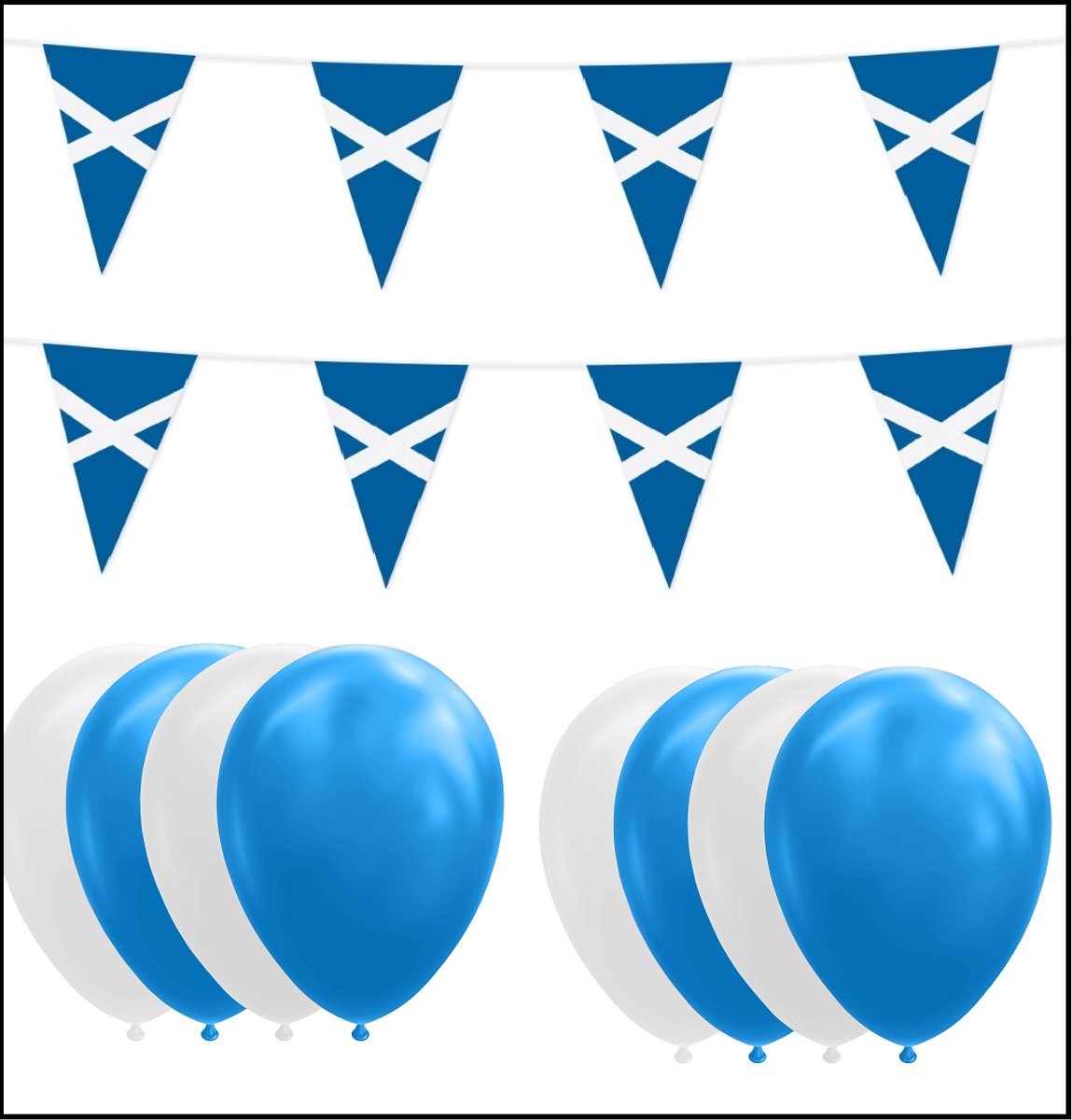 Schotland feestpakket- 2x Vlaggenlijn 10 meter + 20 ballonnen blauw/wit - Versiering Slinger Feestdecoratie Decoratie