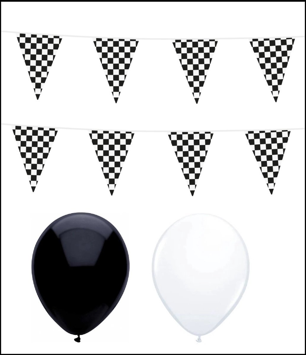 2x Vlaggenlijn Race/finish 10 meter + 20 ballonnen zwart/wit - Versiering Slinger Feestdecoratie Decoratie