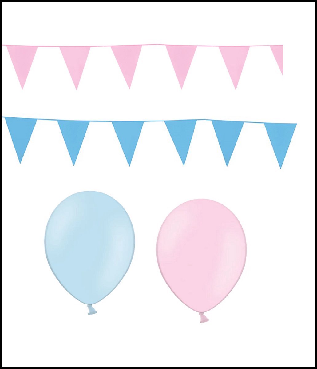 2x Vlaggenlijn licht blauw/roze 10 meter + 20 ballonnen licht blauw/roze - Versiering Slinger Feestdecoratie Decoratie