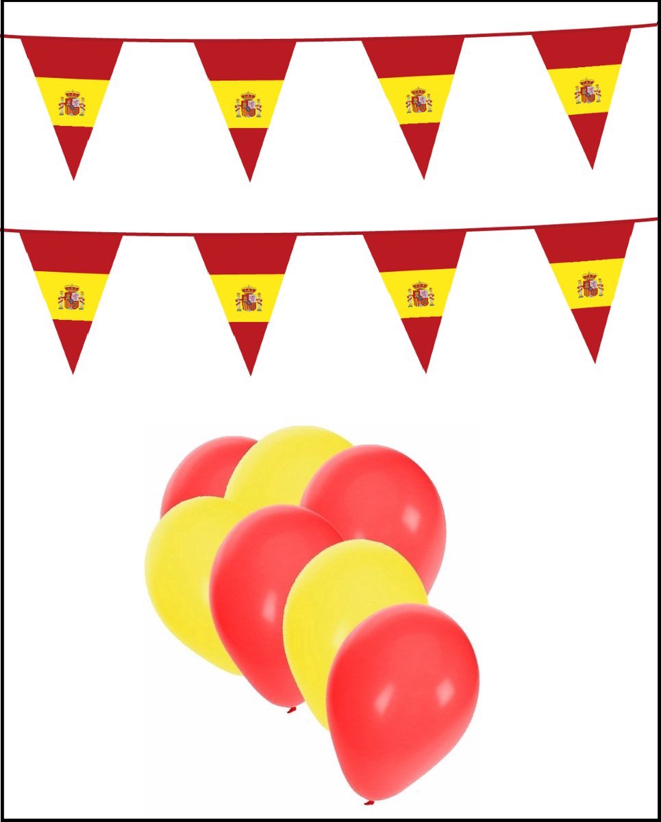 Spanje feestpakket- 2x Vlaggenlijn 10 meter + 20 ballonnen rood/geel - Versiering Slinger Feestdecoratie Decoratie